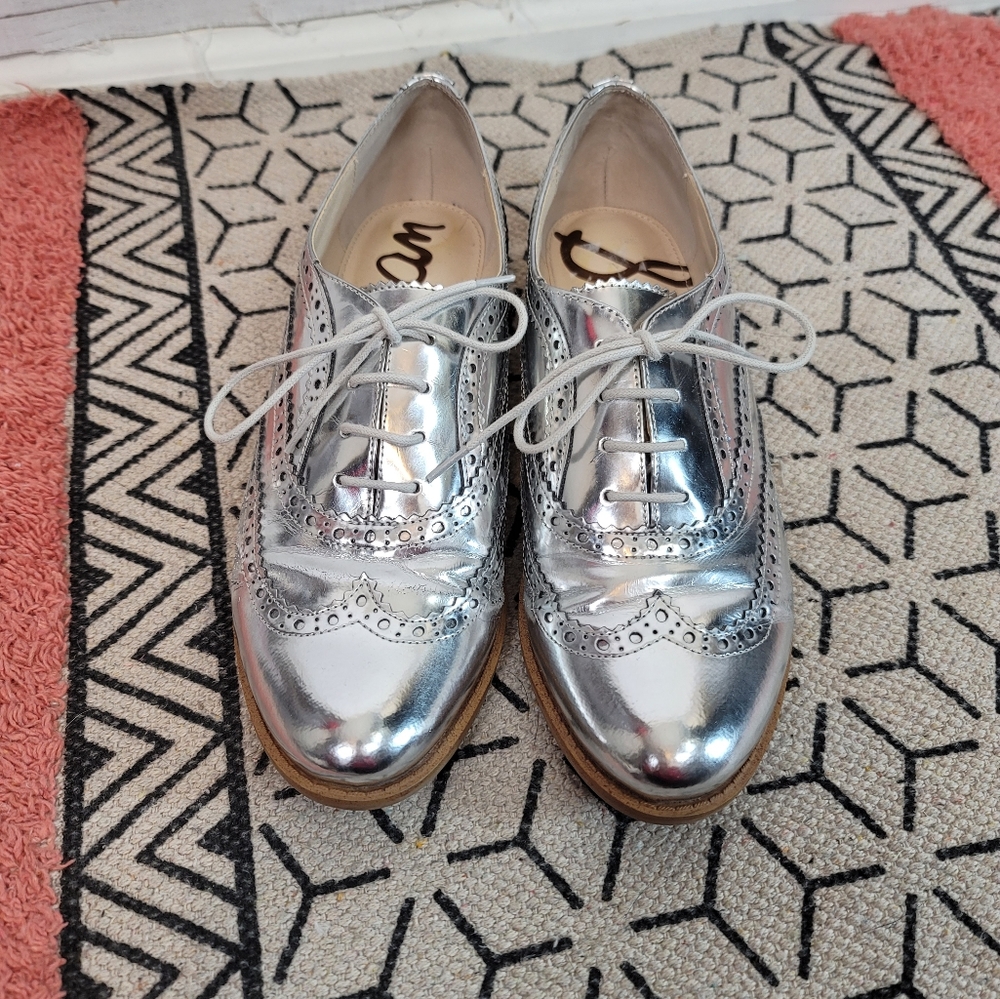 SAM EDELMAN JEROME SILVER OXFORD LOAFERS, SZ 9.5